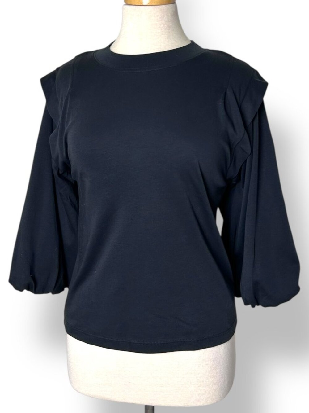 NWT Joie Jesper Cotton Top Black Crewneck 3/4 Pull Sleeves Sz XS